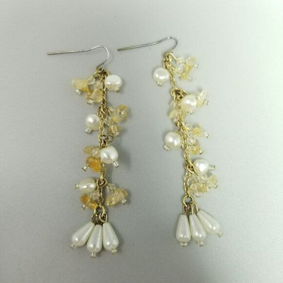 Vintage Long Beaded Dangle Earrings, Faux Pearl Citrine Chips, 3 Inches, Estate - Picture 6 of 6